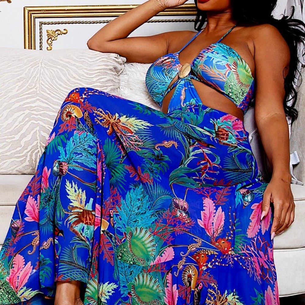 Royal Blue Tropical Print Trim Holter Dress w/Bodysuit